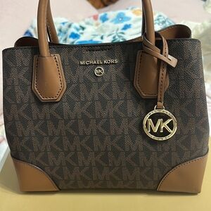 Michael Kors Brown MK Logo Satchel with Gold Charm